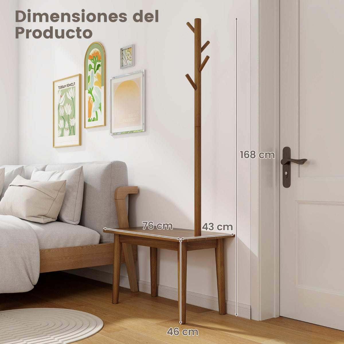 2 en 1 Mesa Auxiliar de Madera Maciza para Dormitorio con Banco para Zapatos y 3 Ganchos para Bolsos Abrigos 76 x 43 x 168 cm Marrón