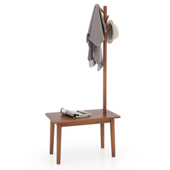 2 en 1 Mesa Auxiliar de Madera Maciza para Dormitorio con Banco para Zapatos y 3 Ganchos para Bolsos Abrigos 76 x 43 x 168 cm Marrón