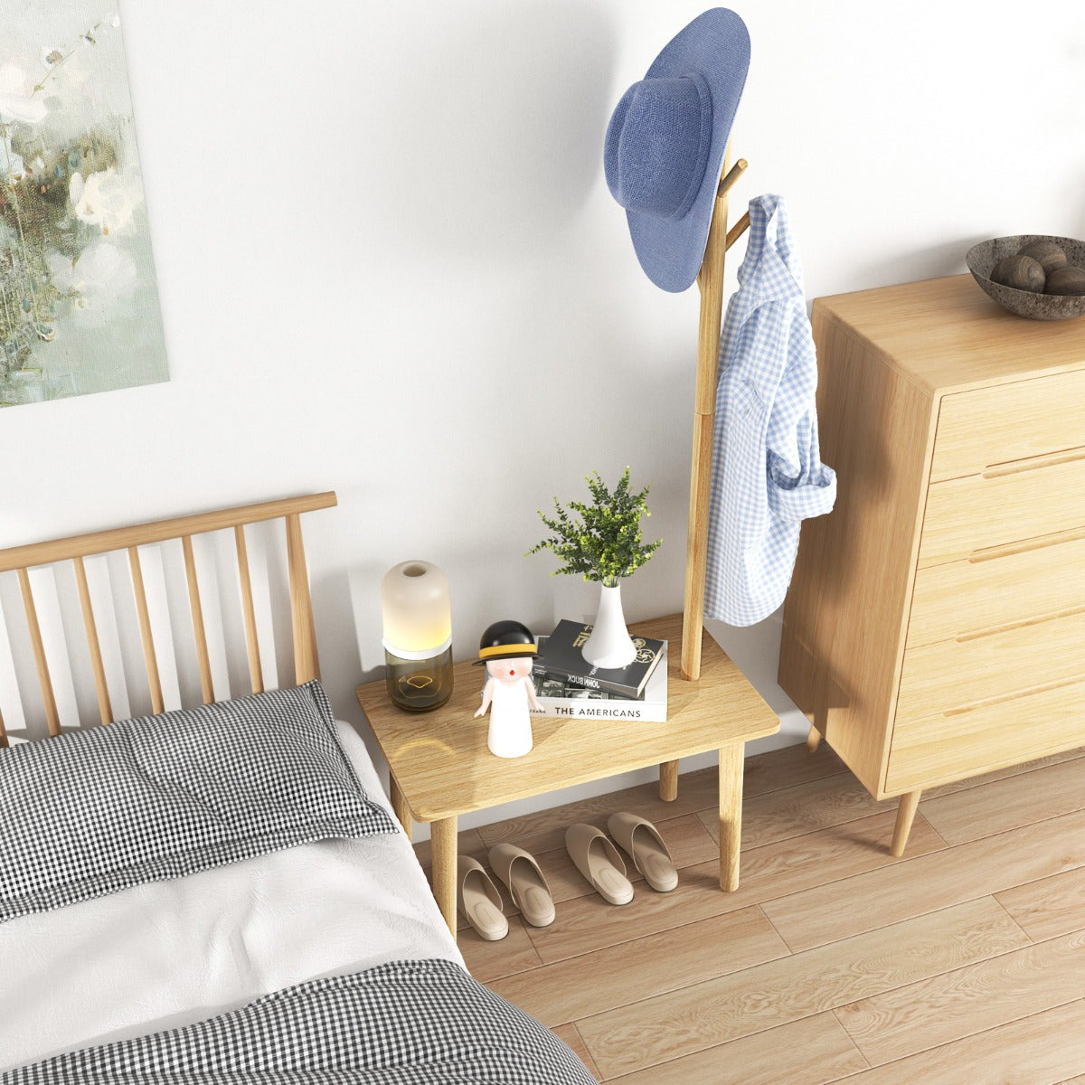 2 en 1 Mesa Auxiliar de Madera Maciza para Dormitorio con Banco para Zapatos y 3 Ganchos para Bolsos Abrigos 76 x 43 x 168 cm Natural