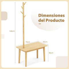 2 en 1 Mesa Auxiliar de Madera Maciza para Dormitorio con Banco para Zapatos y 3 Ganchos para Bolsos Abrigos 76 x 43 x 168 cm Natural