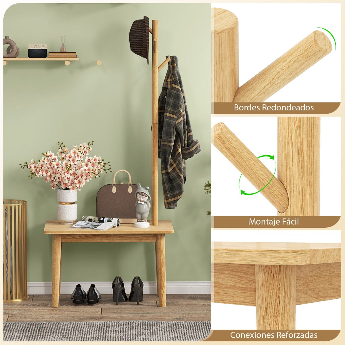 2 en 1 Mesa Auxiliar de Madera Maciza para Dormitorio con Banco para Zapatos y 3 Ganchos para Bolsos Abrigos 76 x 43 x 168 cm Natural