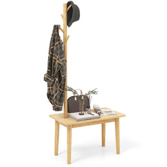 2 en 1 Mesa Auxiliar de Madera Maciza para Dormitorio con Banco para Zapatos y 3 Ganchos para Bolsos Abrigos 76 x 43 x 168 cm Natural