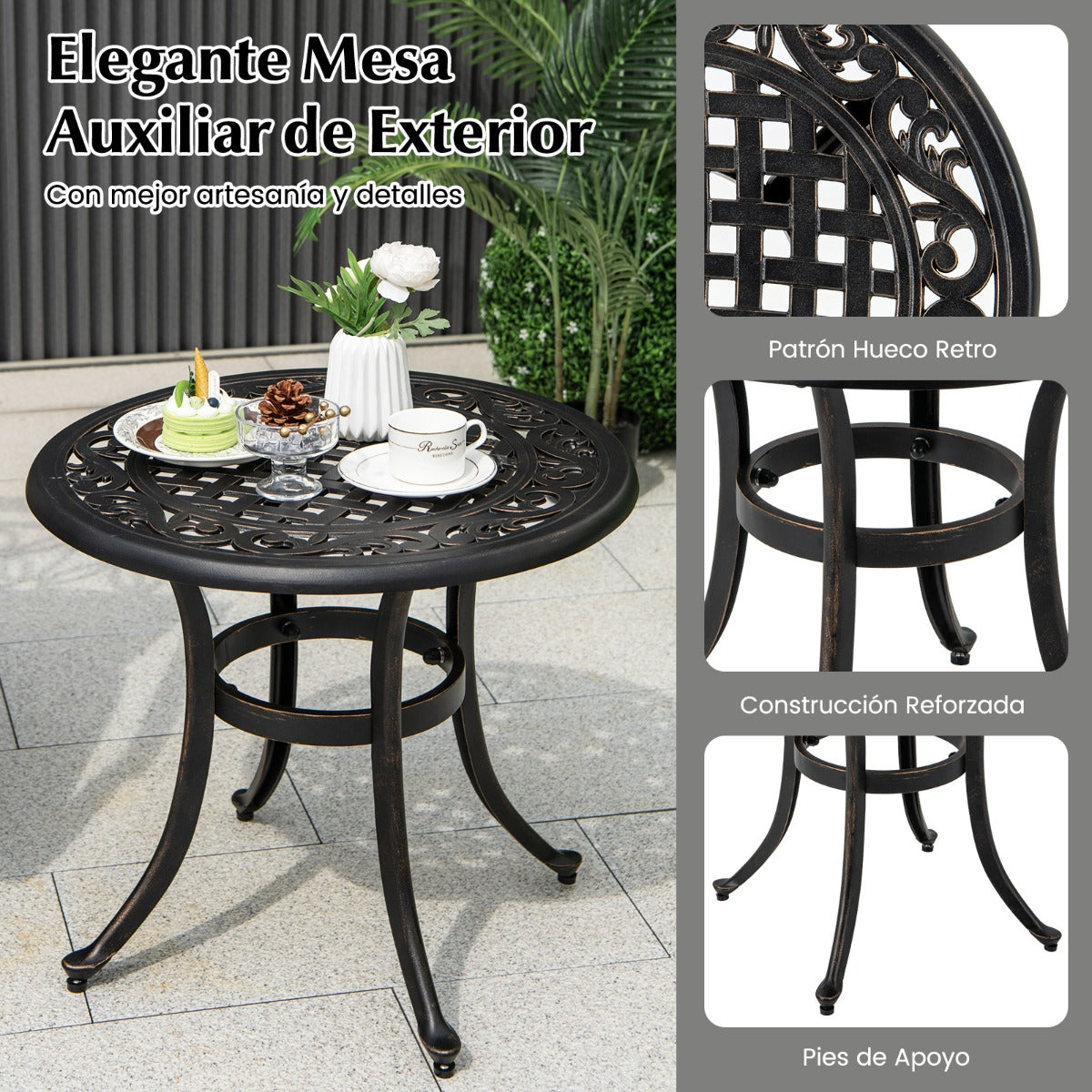 Mesa Auxiliar Redonda con Estructura de Metal Almohadillas Ajustables Mesa de Café para Balcón Terraza Carga 50 kg 60 x 53 cm Marrón
