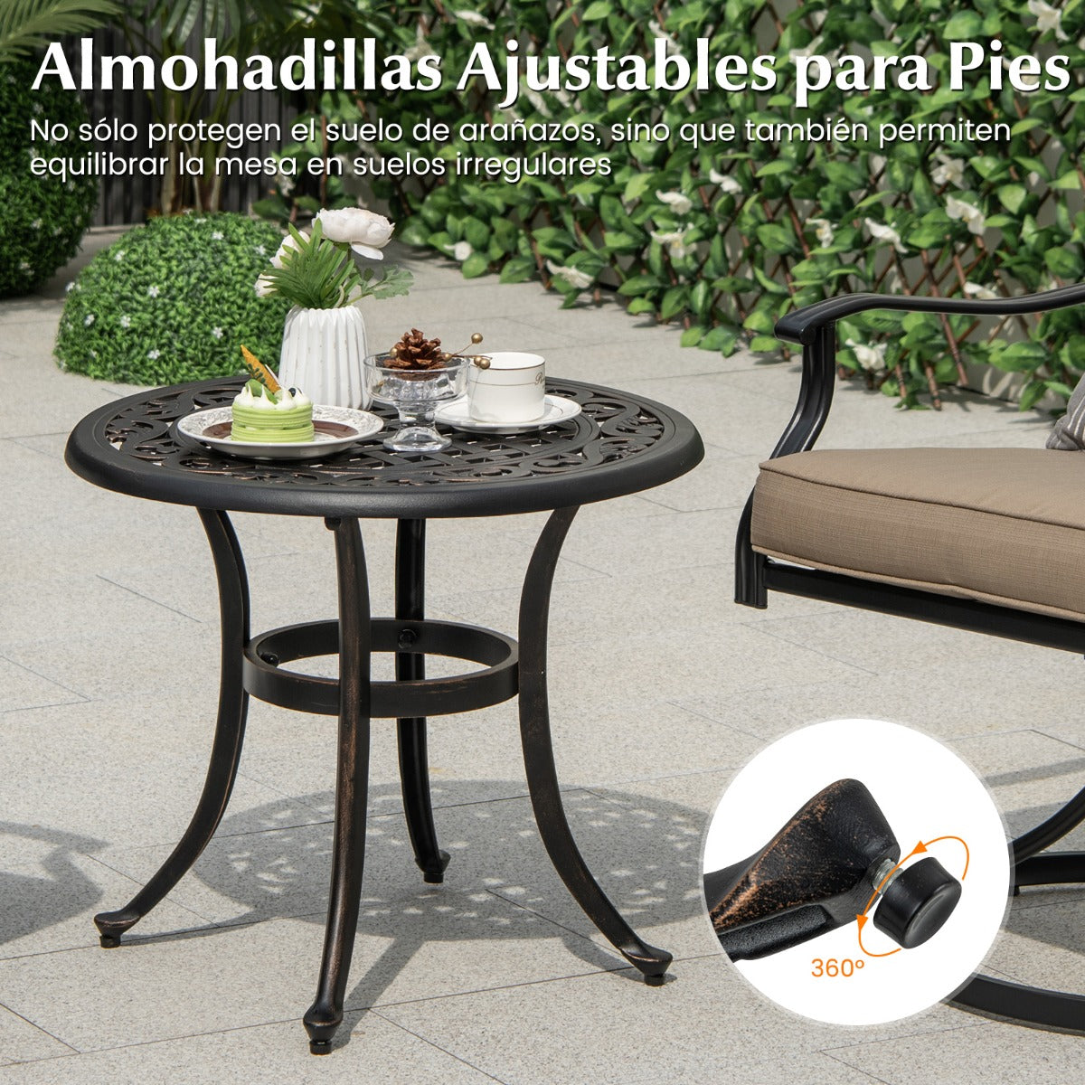 Mesa Auxiliar Redonda con Estructura de Metal Almohadillas Ajustables Mesa de Café para Balcón Terraza Carga 50 kg 60 x 53 cm Marrón