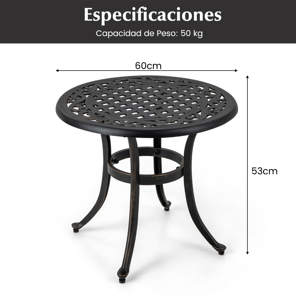 Mesa Auxiliar Redonda con Estructura de Metal Almohadillas Ajustables Mesa de Café para Balcón Terraza Carga 50 kg 60 x 53 cm Marrón