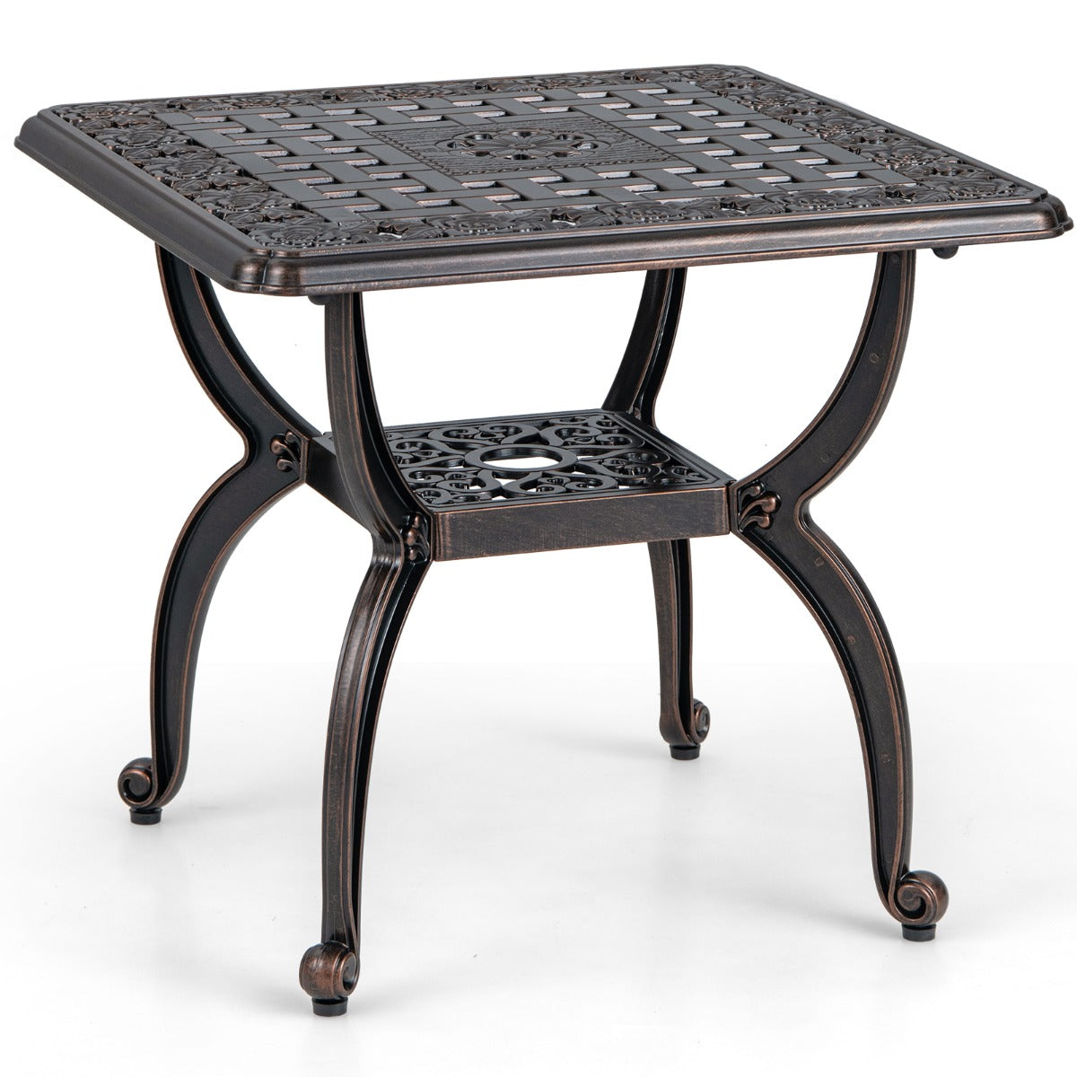 Mesa Antioxidante Auxiliar de Aluminio Fundido de 53 cm con Estante de Almacenamiento Patrón Floral Tallado Hueco para Jardín Bronce