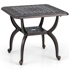 Mesa Antioxidante Auxiliar de Aluminio Fundido de 53 cm con Estante de Almacenamiento Patrón Floral Tallado Hueco para Jardín Bronce