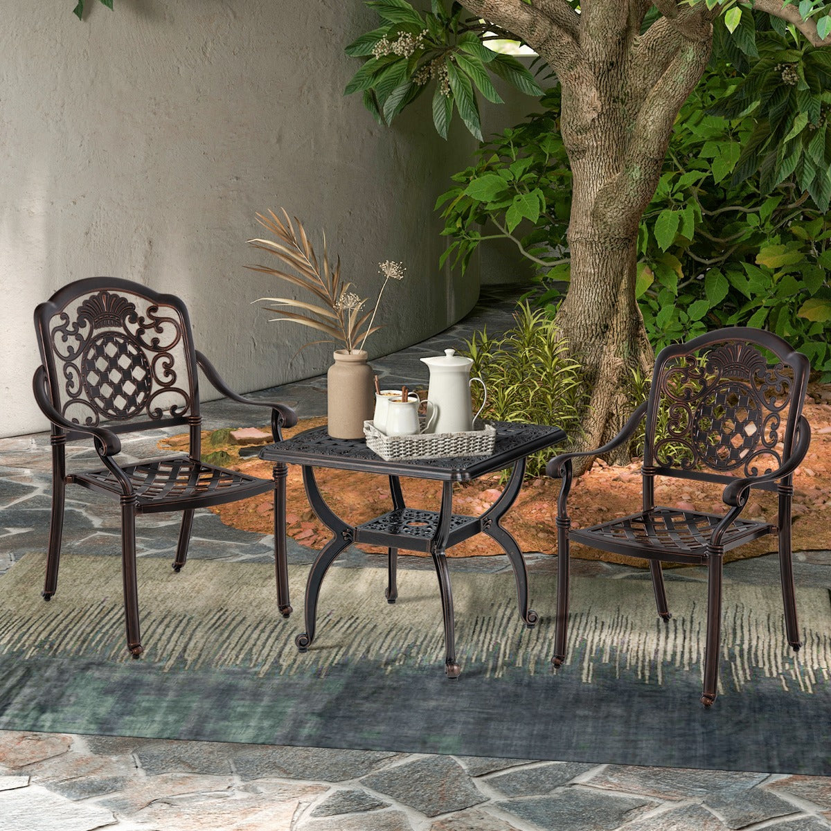 Mesa Antioxidante Auxiliar de Aluminio Fundido de 53 cm con Estante de Almacenamiento Patrón Floral Tallado Hueco para Jardín Bronce