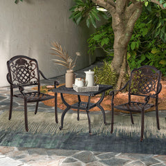 Mesa Antioxidante Auxiliar de Aluminio Fundido de 53 cm con Estante de Almacenamiento Patrón Floral Tallado Hueco para Jardín Bronce
