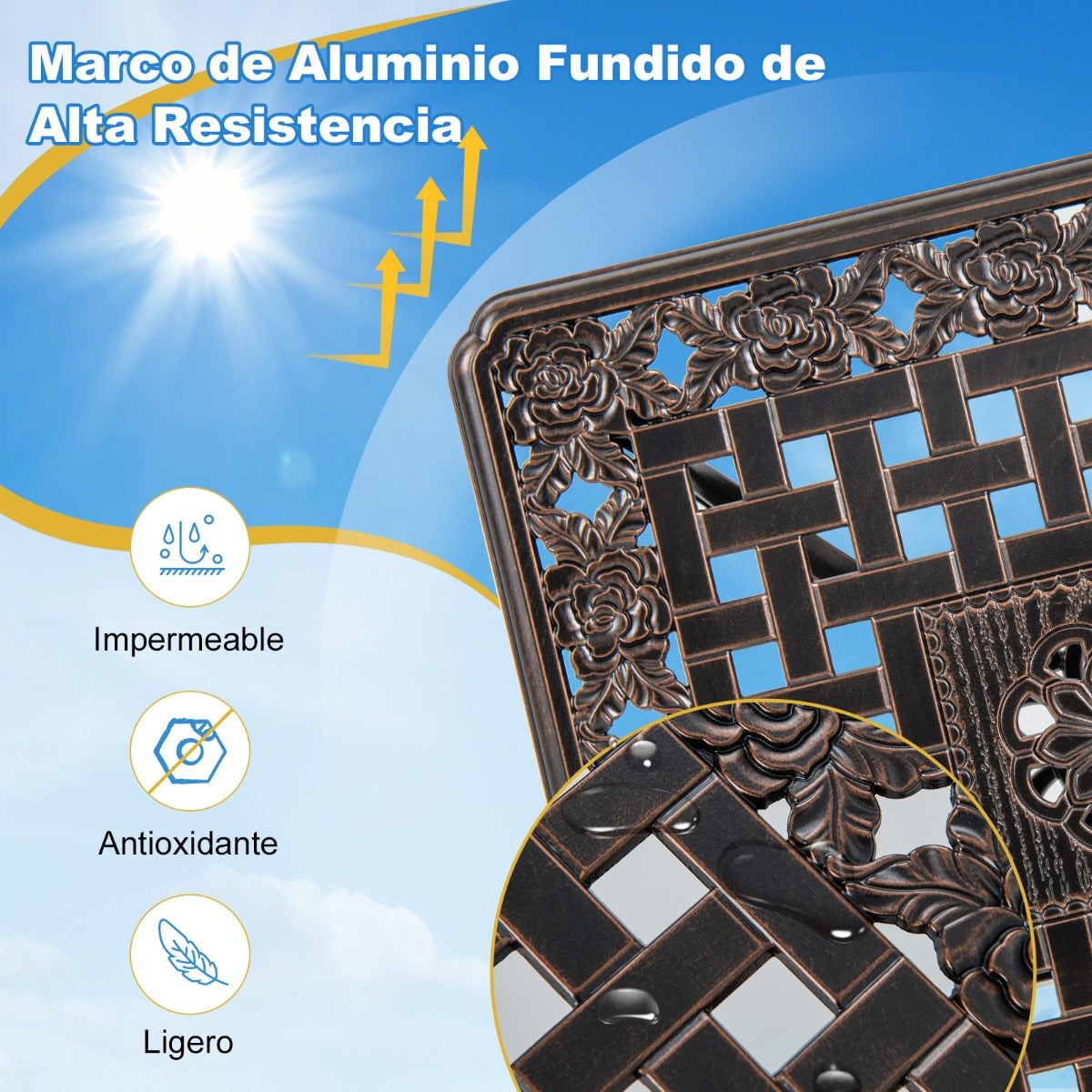 Mesa Antioxidante Auxiliar de Aluminio Fundido de 53 cm con Estante de Almacenamiento Patrón Floral Tallado Hueco para Jardín Bronce