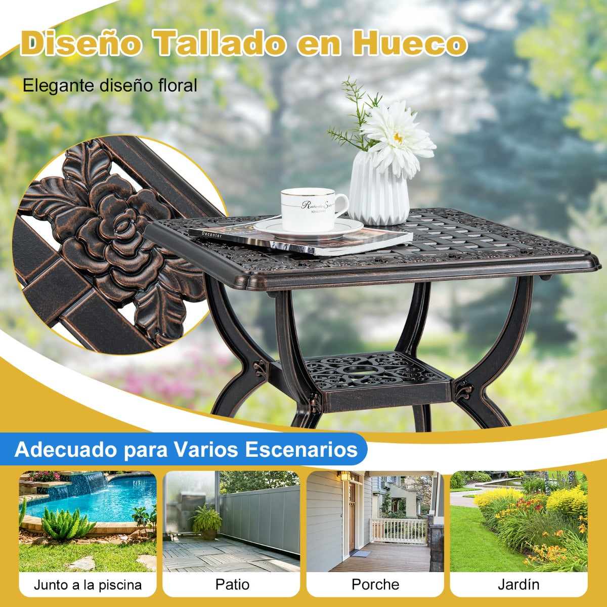 Mesa Antioxidante Auxiliar de Aluminio Fundido de 53 cm con Estante de Almacenamiento Patrón Floral Tallado Hueco para Jardín Bronce