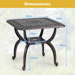 Mesa Antioxidante Auxiliar de Aluminio Fundido de 53 cm con Estante de Almacenamiento Patrón Floral Tallado Hueco para Jardín Bronce