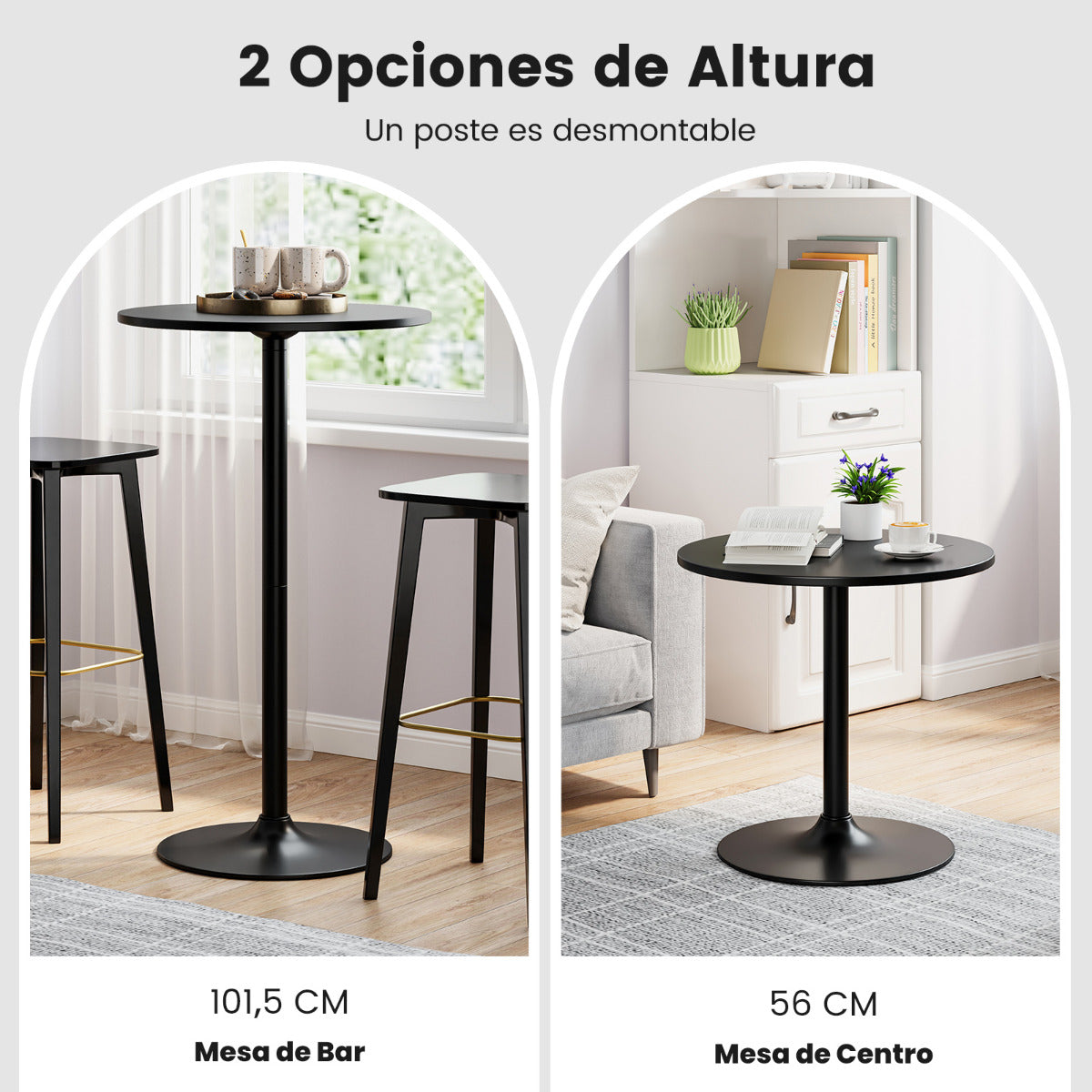 Mesa Bistró Redonda Mesa de Cóctel de Altura de Bar de 101,5 cm Convertible en Mesa de Café de 56 cm de Altura Mesa Alta de Pub Bar Negro