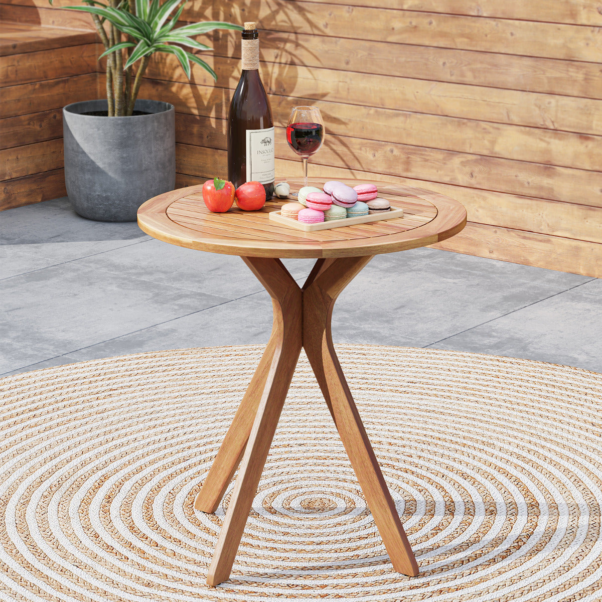 Mesa Bistro Exterior Mesa Redonda de Acacia para Patio con Superficie Ranurada Base en Forma de X Mesa Pequeña para Comedor de 70cm Natural
