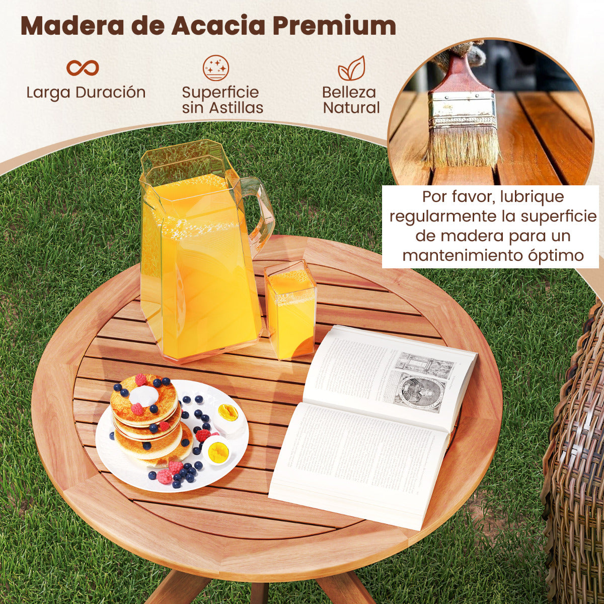 Mesa Bistro Exterior Mesa Redonda de Acacia para Patio con Superficie Ranurada Base en Forma de X Mesa Pequeña para Comedor de 70cm Natural