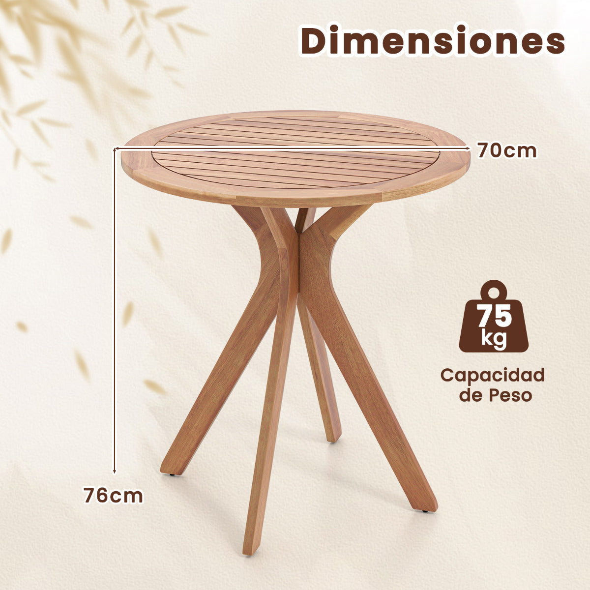 Mesa Bistro Exterior Mesa Redonda de Acacia para Patio con Superficie Ranurada Base en Forma de X Mesa Pequeña para Comedor de 70cm Natural