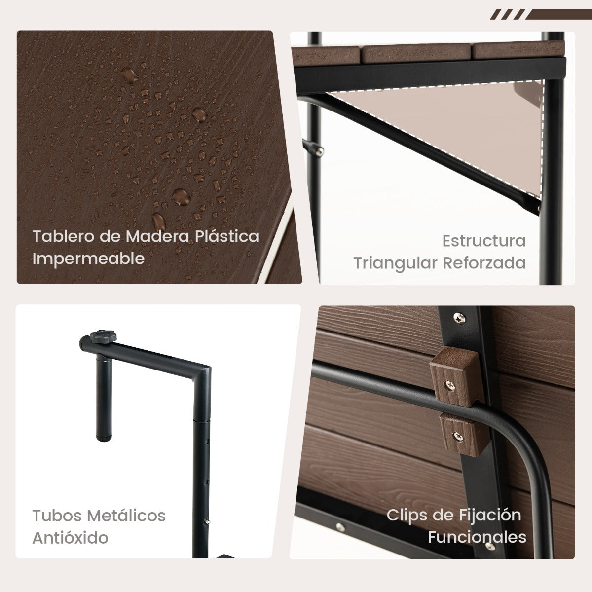 Mesa Colgante Plegable con Altura Ajustable en 3 Niveles Adecuada para Barandas de 3-15 cm Marrón