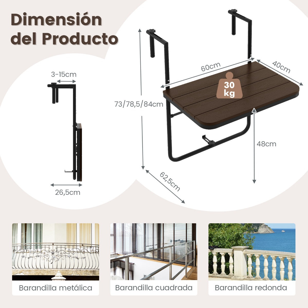 Mesa Colgante Plegable con Altura Ajustable en 3 Niveles Adecuada para Barandas de 3-15 cm Marrón