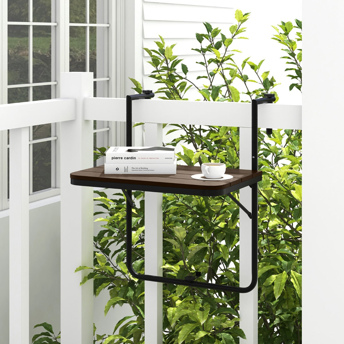 Mesa Colgante Plegable con Altura Ajustable en 3 Niveles Adecuada para Barandas de 3-15 cm Marrón