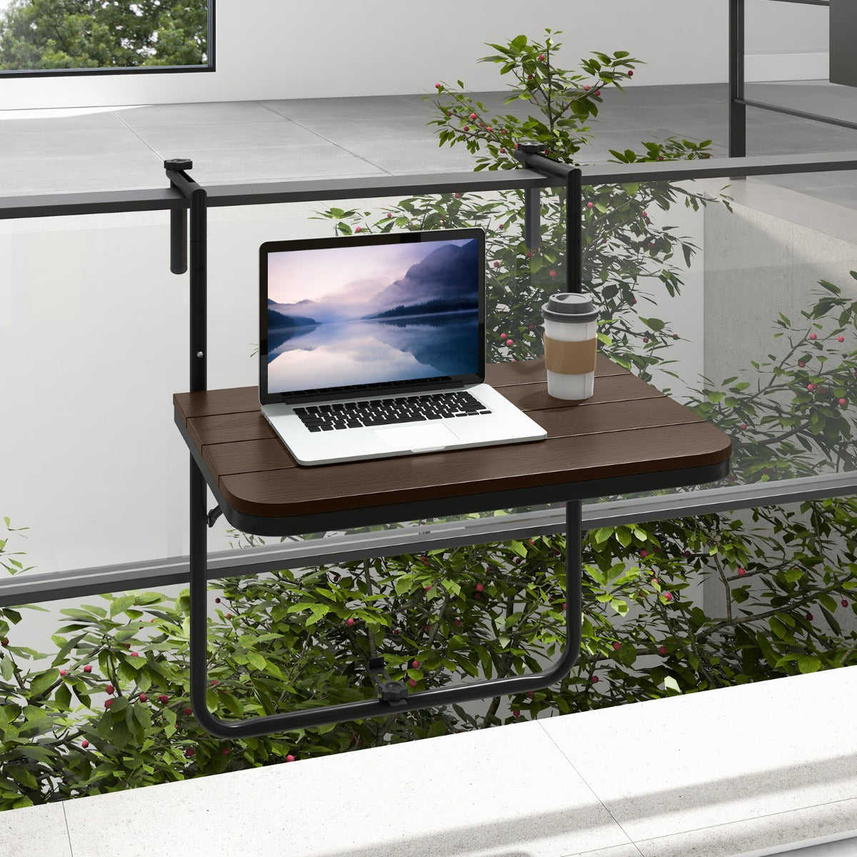 Mesa Colgante Plegable con Altura Ajustable en 3 Niveles Adecuada para Barandas de 3-15 cm Marrón