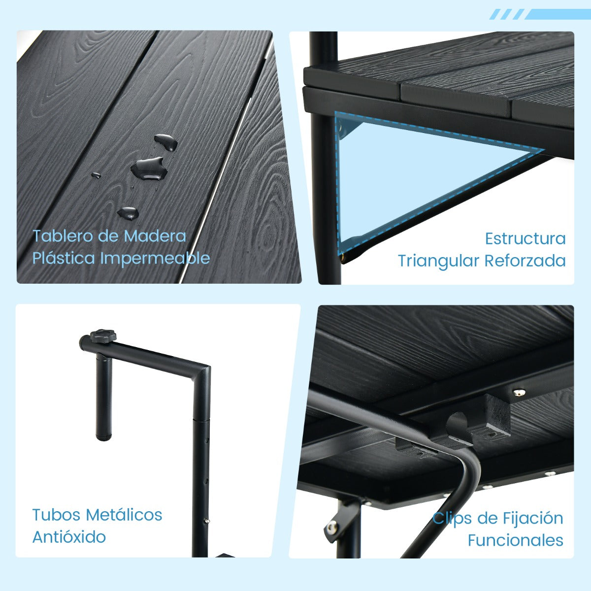 Mesa Colgante Plegable con Altura Ajustable en 3 Niveles Adecuada para Barandas de 3-15 cm Negro