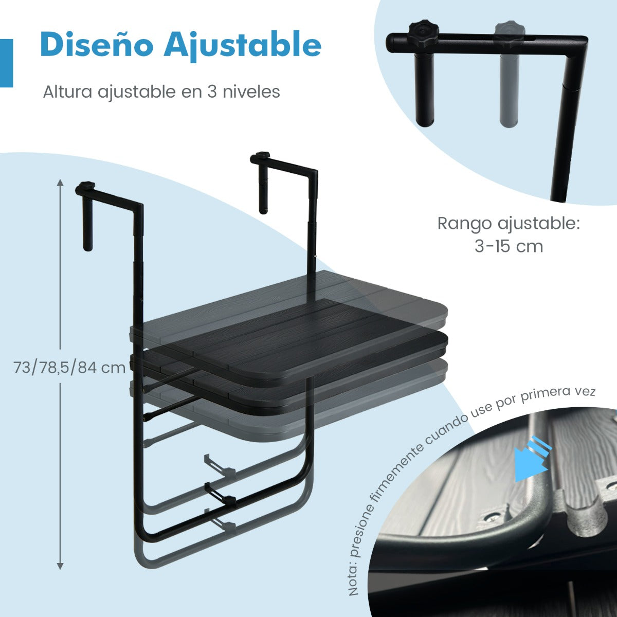 Mesa Colgante Plegable con Altura Ajustable en 3 Niveles Adecuada para Barandas de 3-15 cm Negro