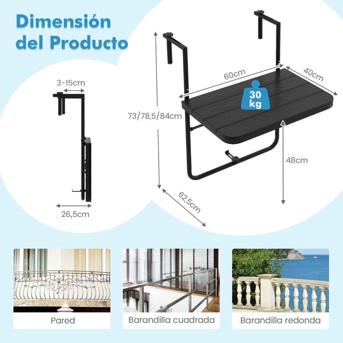 Mesa Colgante Plegable con Altura Ajustable en 3 Niveles Adecuada para Barandas de 3-15 cm Negro