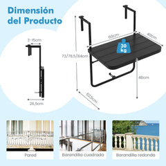 Mesa Colgante Plegable con Altura Ajustable en 3 Niveles Adecuada para Barandas de 3-15 cm Negro