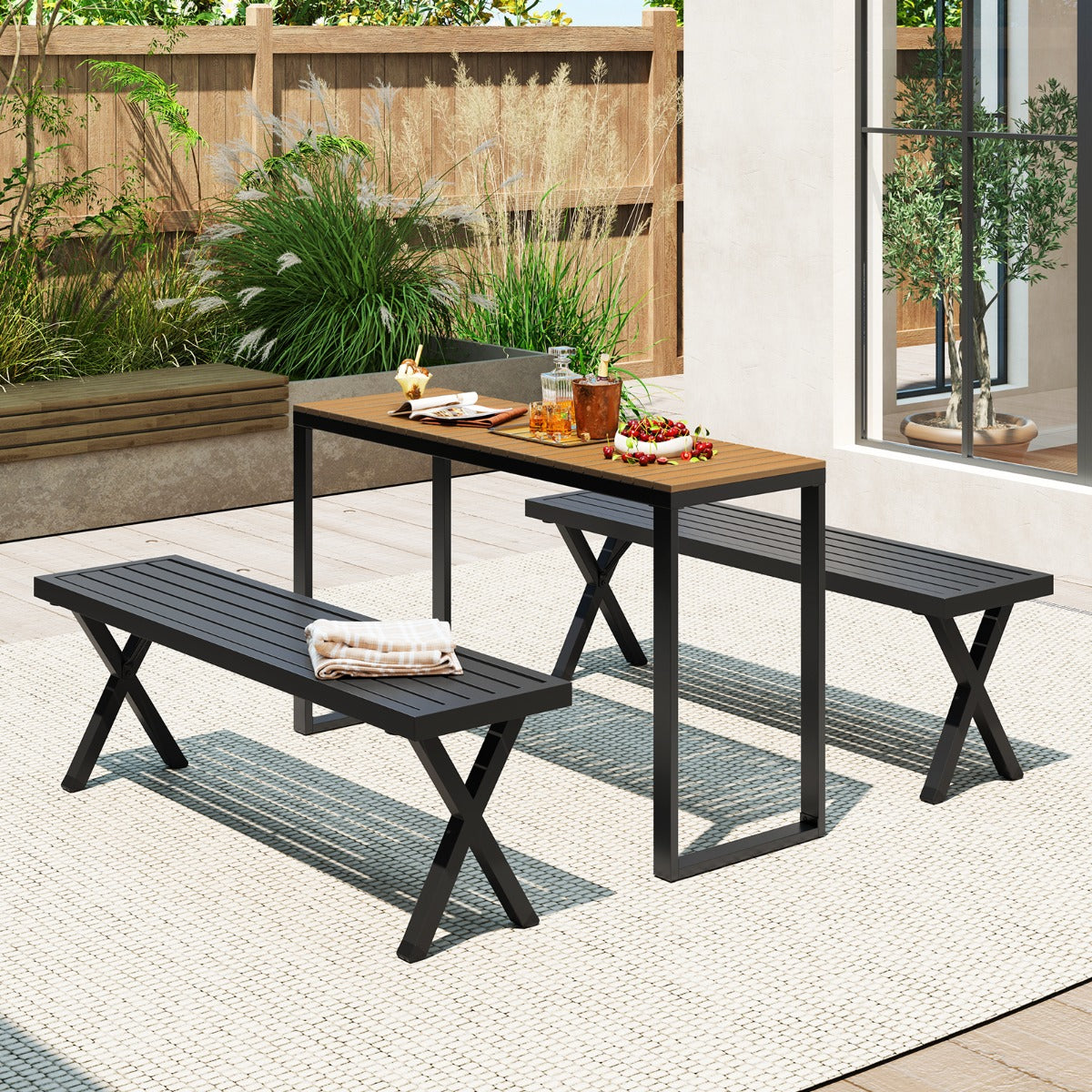 Mesa Consola Rectangular para Exteriores con Tablero de WPC Duradera y Estructura Metálica Resistente 129 x 42 x 75 cm