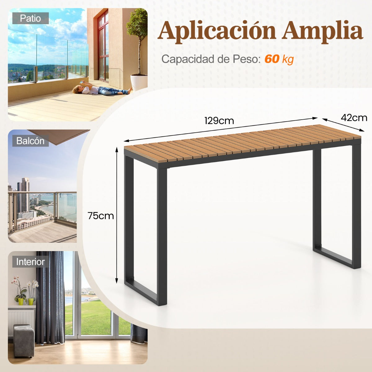 Mesa Consola Rectangular para Exteriores con Tablero de WPC Duradera y Estructura Metálica Resistente 129 x 42 x 75 cm