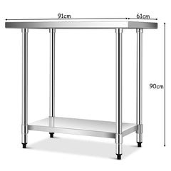 Mesa de Acero Inoxidable de Trabajo Mesa de Preparación de Cocina con Ruedas 2 Niveles Estante Ajustable 91 x 61 x 90 cm