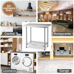 Mesa de Acero Inoxidable de Trabajo Mesa de Preparación de Cocina con Ruedas 2 Niveles Estante Ajustable 91 x 61 x 90 cm