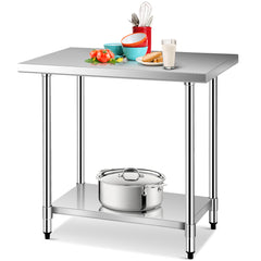 Mesa de Acero Inoxidable de Trabajo Mesa de Preparación de Cocina con Ruedas 2 Niveles Estante Ajustable 91 x 61 x 90 cm