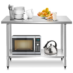 Mesa de Acero Inoxidable de Trabajo Mesa de Preparación de Cocina con Ruedas 2 Niveles Estante Ajustable 122 x 61 x 90 cm