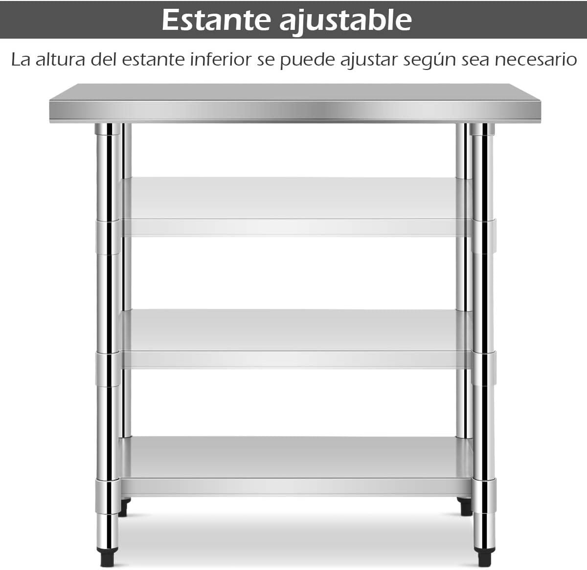 Mesa de Acero Inoxidable de Trabajo Mesa de Preparación de Cocina con Ruedas 2 Niveles Estante Ajustable 122 x 61 x 90 cm