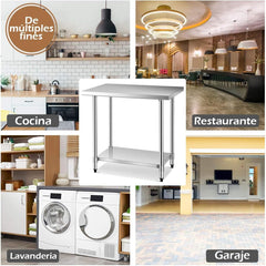 Mesa de Acero Inoxidable de Trabajo Mesa de Preparación de Cocina con Ruedas 2 Niveles Estante Ajustable 122 x 61 x 90 cm
