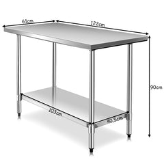 Mesa de Acero Inoxidable de Trabajo Mesa de Preparación de Cocina con Ruedas 2 Niveles Estante Ajustable 122 x 61 x 90 cm