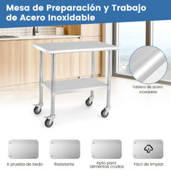 Mesa de Acero Inoxidable con Ruedas Giratorias Estante Inferior Ajustable para Restaurante Cocina 91,5 x 61 x 89,5 cm