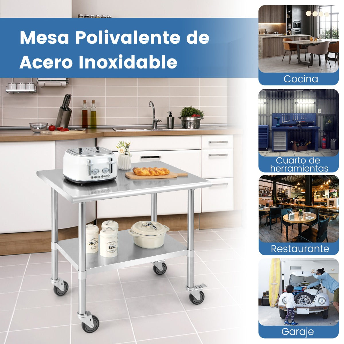 Mesa de Acero Inoxidable con Ruedas Giratorias Estante Inferior Ajustable para Restaurante Cocina 91,5 x 61 x 89,5 cm