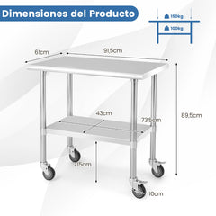 Mesa de Acero Inoxidable con Ruedas Giratorias Estante Inferior Ajustable para Restaurante Cocina 91,5 x 61 x 89,5 cm
