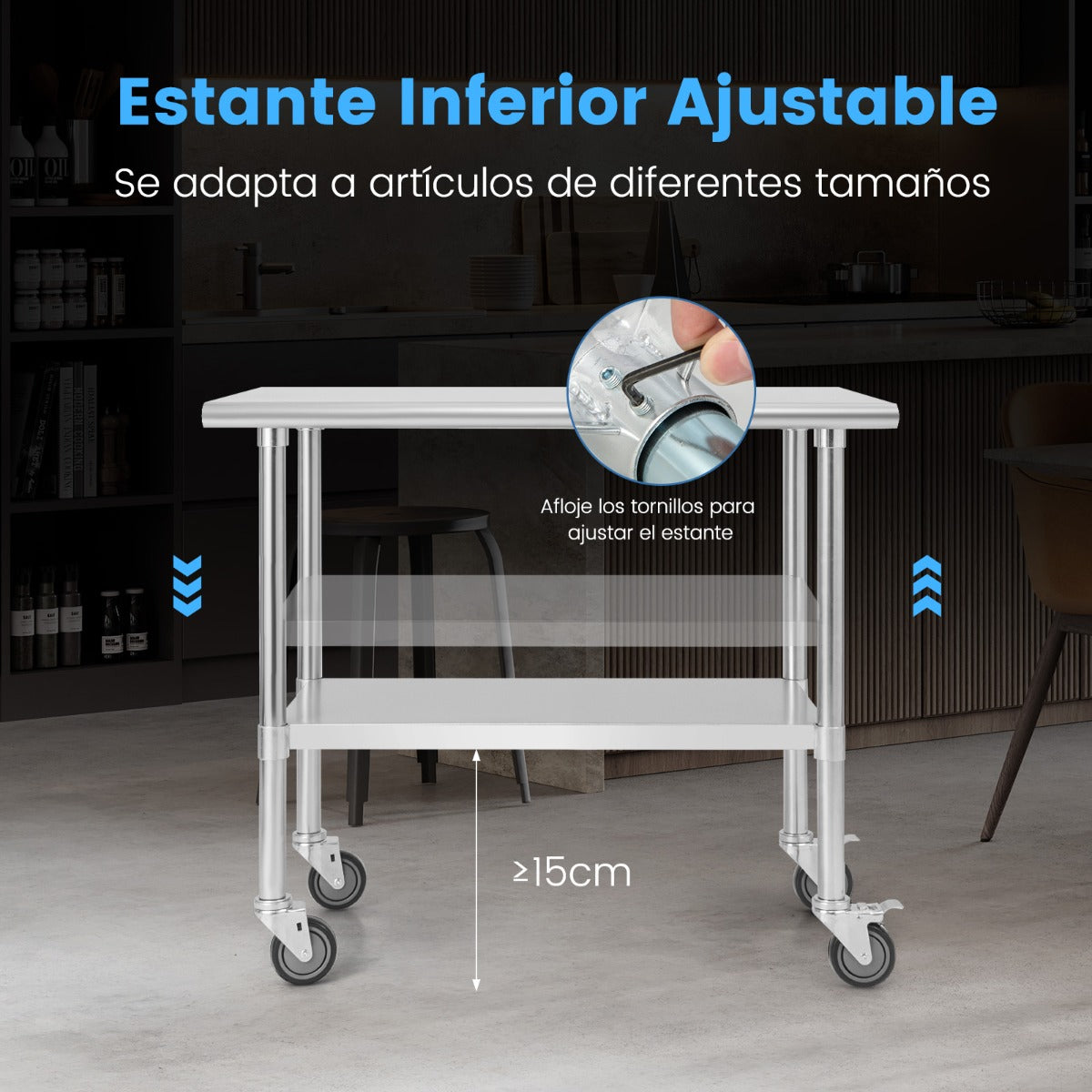 Mesa de Acero Inoxidable con Ruedas Giratorias Estante Inferior Ajustable para Restaurante Cocina 91,5 x 61 x 89,5 cm