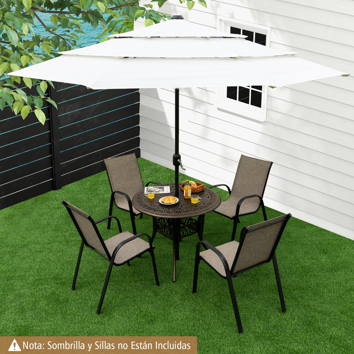 Mesa de Aluminio Fundido para Exteriores con Orificio para Sombrilla de 5 cm y Almohadillas Ajustables 90 x 74 cm