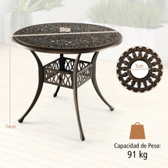 Mesa de Aluminio Fundido para Exteriores con Orificio para Sombrilla de 5 cm y Almohadillas Ajustables 90 x 74 cm