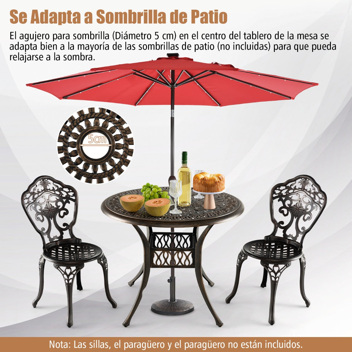 Mesa de Aluminio Fundido para Exteriores con Orificio para Sombrilla de 5 cm y Almohadillas Ajustables 90 x 74 cm