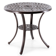 Mesa de Aluminio Fundido Mesa Redonda de 79 cm de Diámetro con Orificio para Sombrilla Estante Inferior para Patio Porche Jardín Bronce