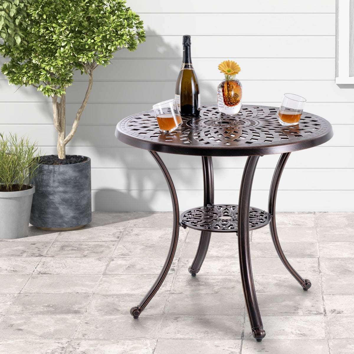 Mesa de Aluminio Fundido Mesa Redonda de 79 cm de Diámetro con Orificio para Sombrilla Estante Inferior para Patio Porche Jardín Bronce