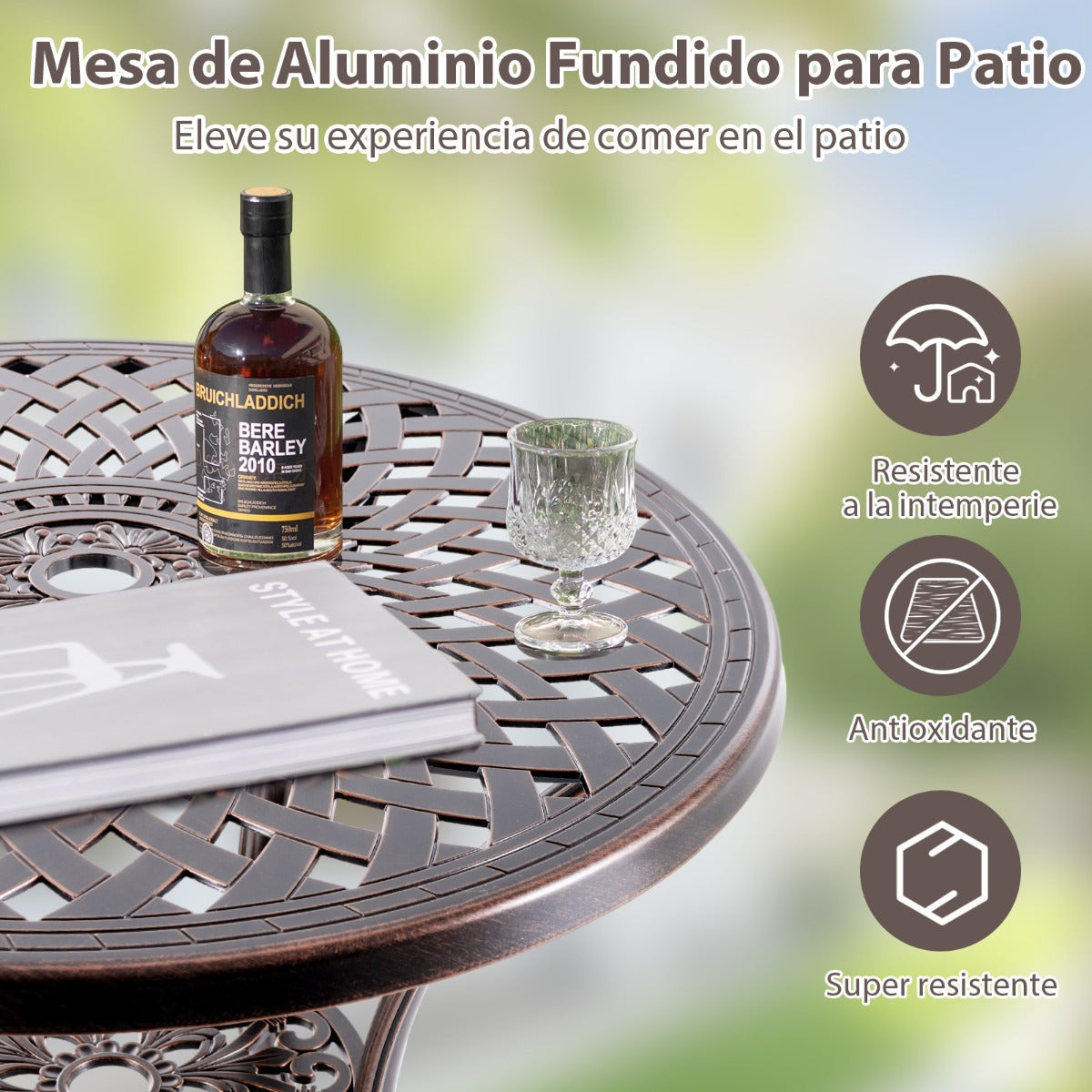 Mesa de Aluminio Fundido Mesa Redonda de 79 cm de Diámetro con Orificio para Sombrilla Estante Inferior para Patio Porche Jardín Bronce