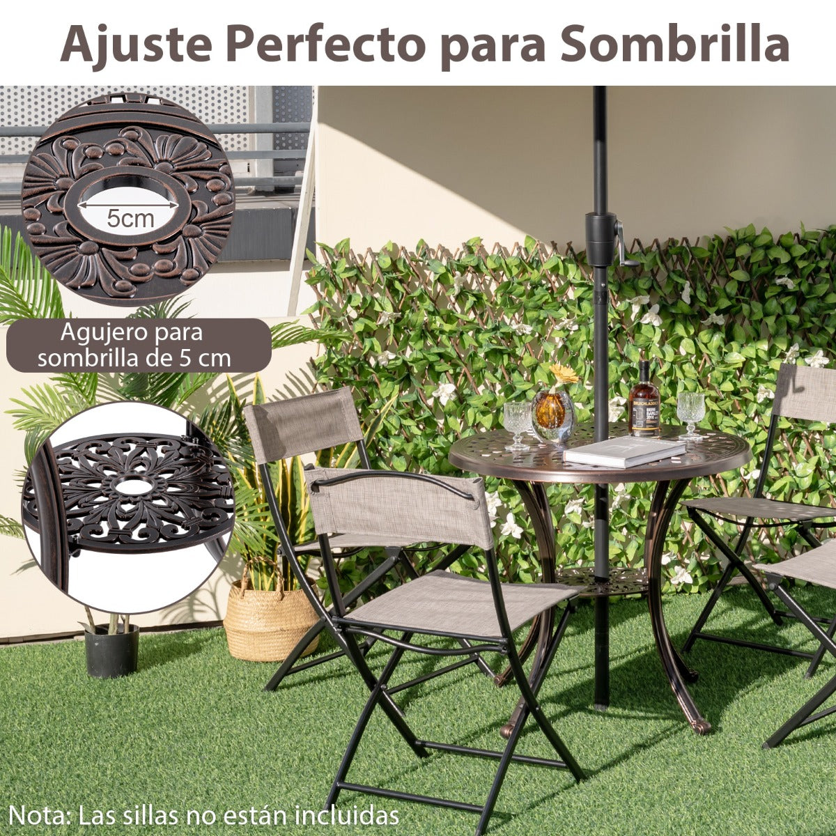 Mesa de Aluminio Fundido Mesa Redonda de 79 cm de Diámetro con Orificio para Sombrilla Estante Inferior para Patio Porche Jardín Bronce