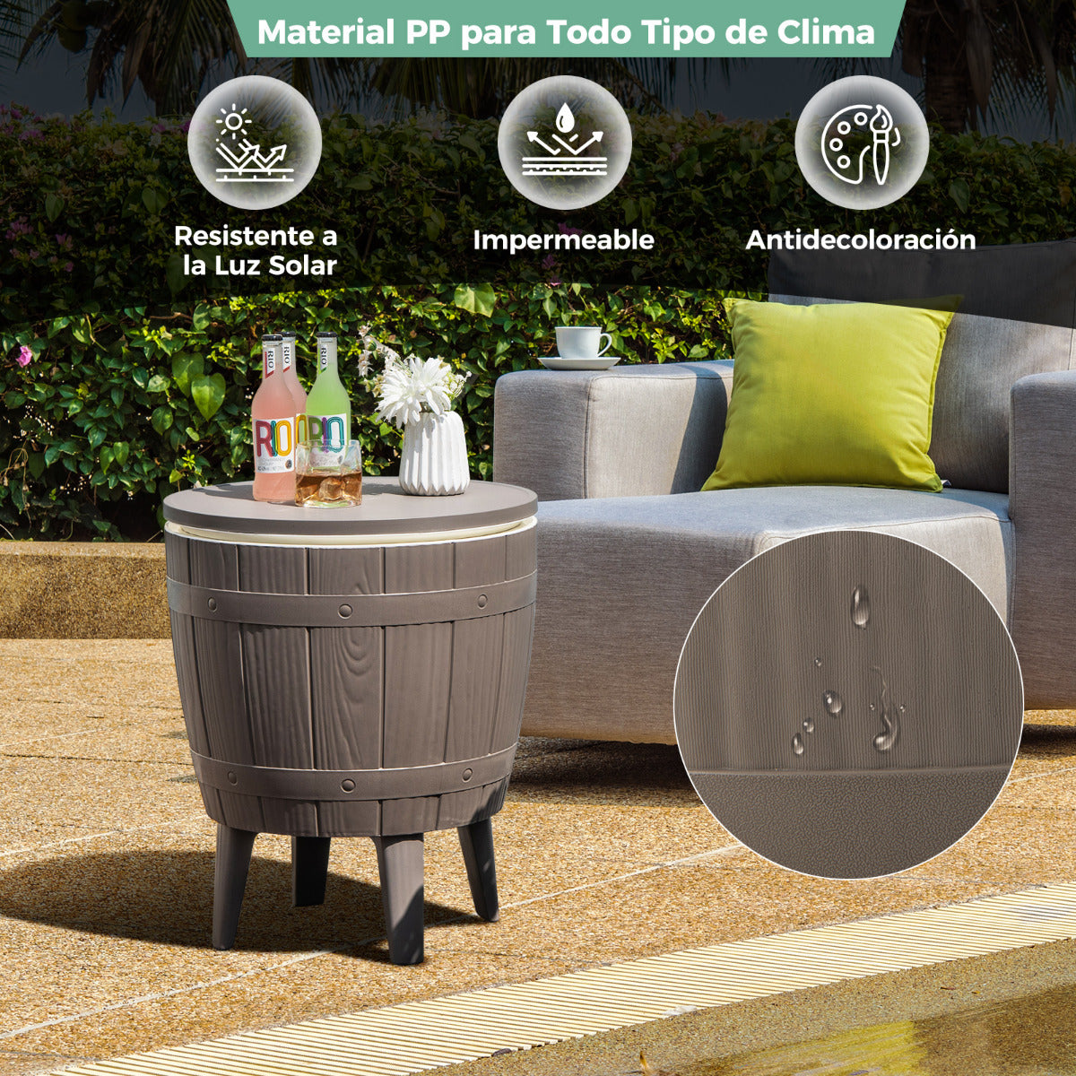 Mesa de Bar Más Fresca 37 L para Exteriores con Mesa Telescópica Mesa de Centro 3 en 1 Cubo de Hielo para Cerveza y Vino para Todo Clima