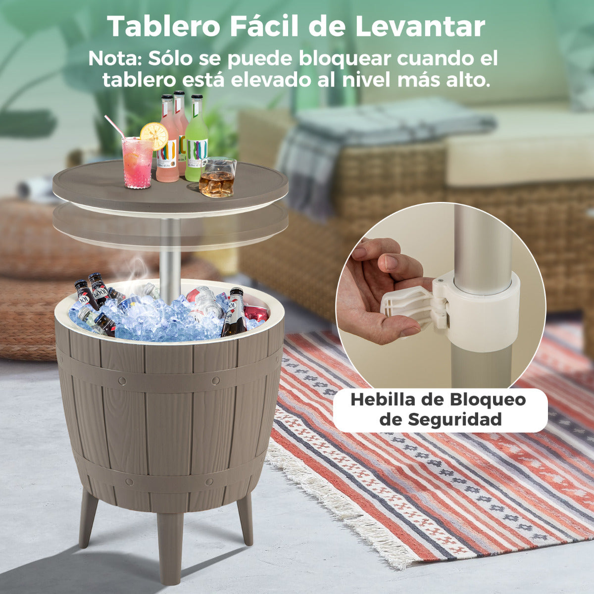 Mesa de Bar Más Fresca 37 L para Exteriores con Mesa Telescópica Mesa de Centro 3 en 1 Cubo de Hielo para Cerveza y Vino para Todo Clima